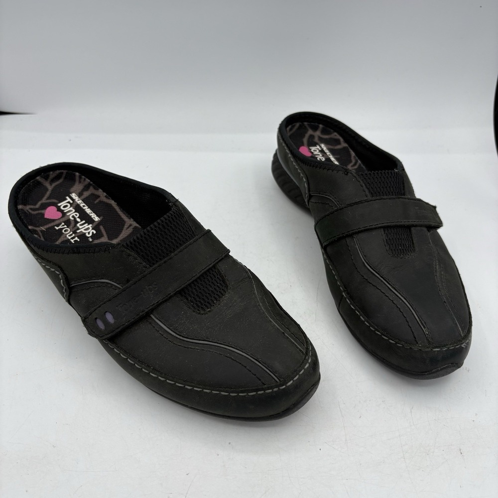 Skechers Shoes Womens Size 7.5 Tone Ups Mule Fitness Clog Black Leather Slip‎ On